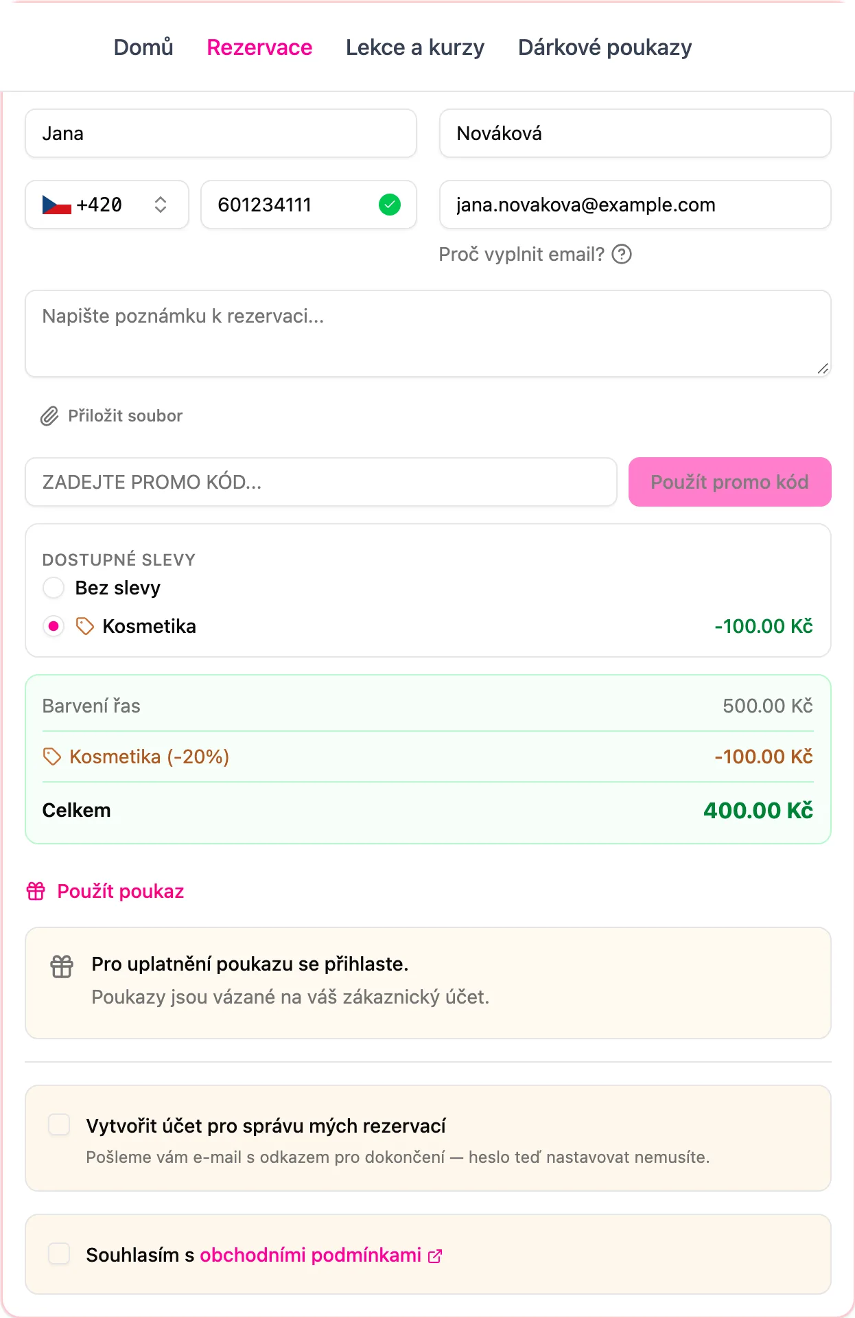 Zpráva o nutnosti přihlášení pod tlačítkem Použít poukaz v online rezervaci