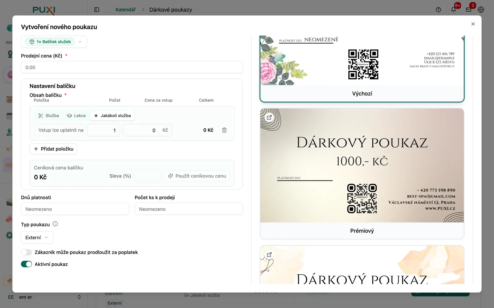 Přepínač Služba, Lekce a Jakákoli služba u položky balíčku