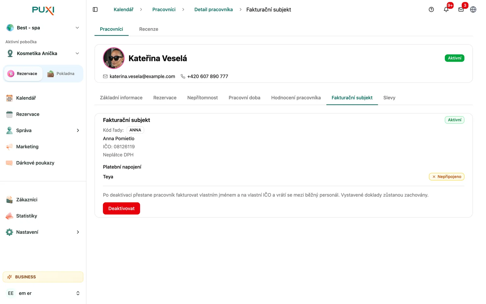 Aktivní fakturační subjekt s kódem řady, IČO a tlačítkem Deaktivovat