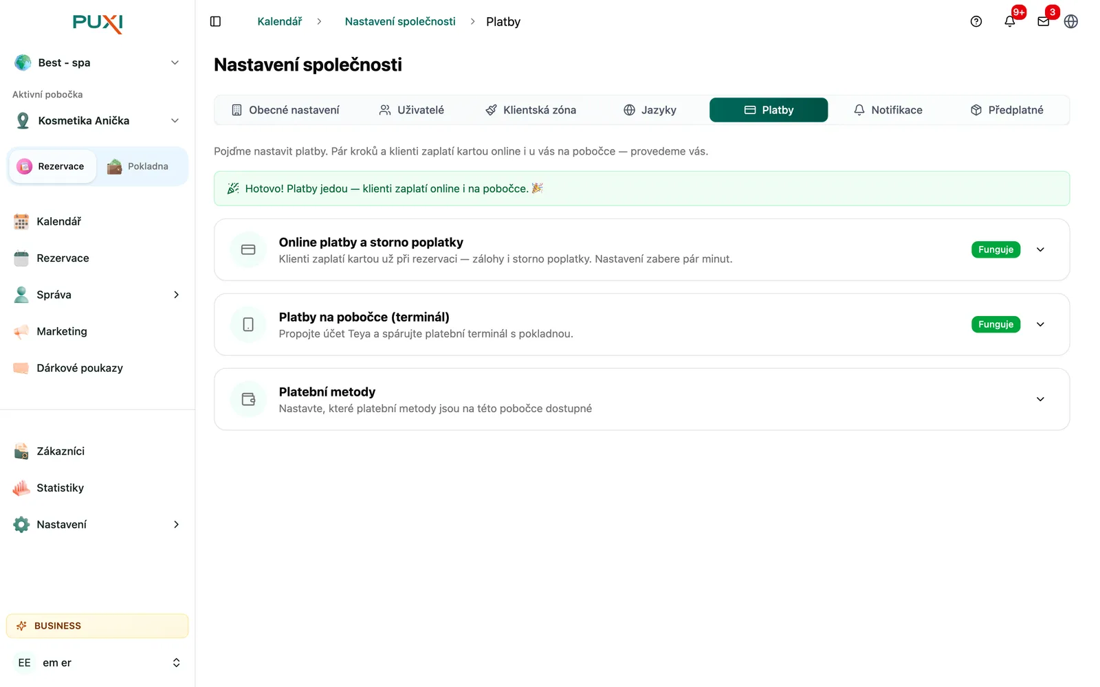 Stránka Platby se sekcemi Online platby, Platby na pobočce a Platební metody