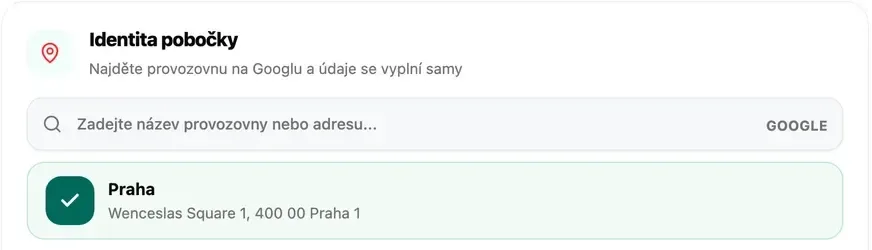 Vyhledání provozovny na Googlu a propojená pobočka v kartě Identita pobočky