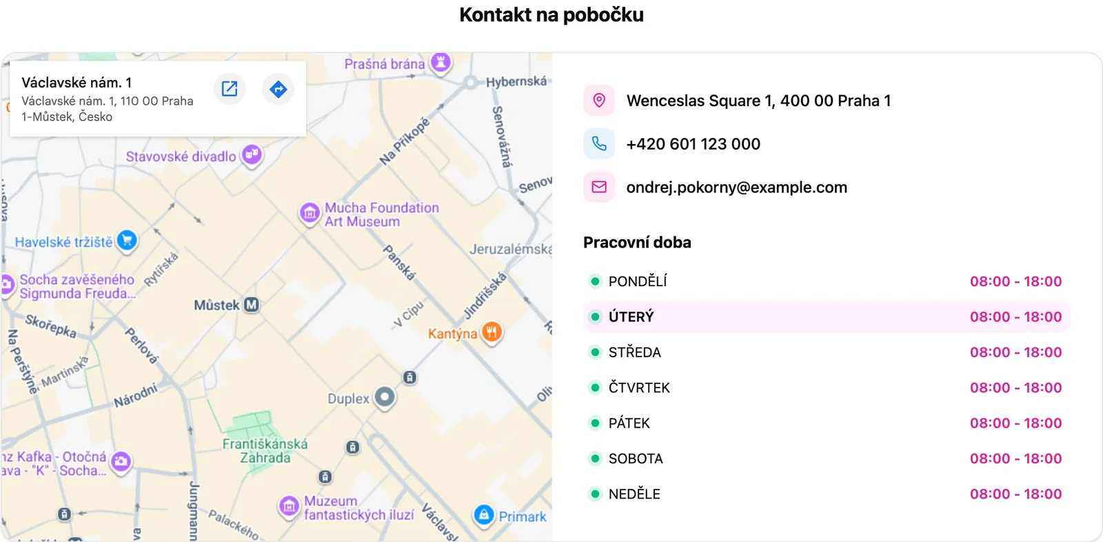 Karta Kontakt na pobočku s mapou na veřejné stránce pobočky