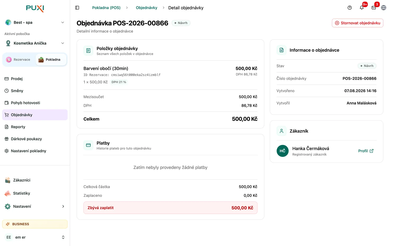 Detail nezaplacené objednávky ve stavu Návrh