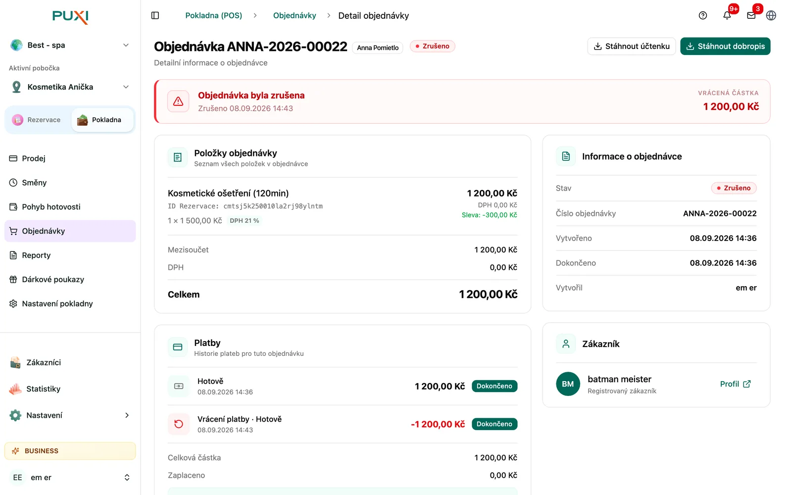 Detail stornované a zaplacené objednávky s dobropisem