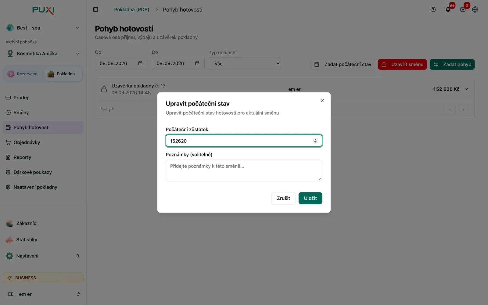 Dialog Upravit počáteční stav s polem pro počáteční zůstatek