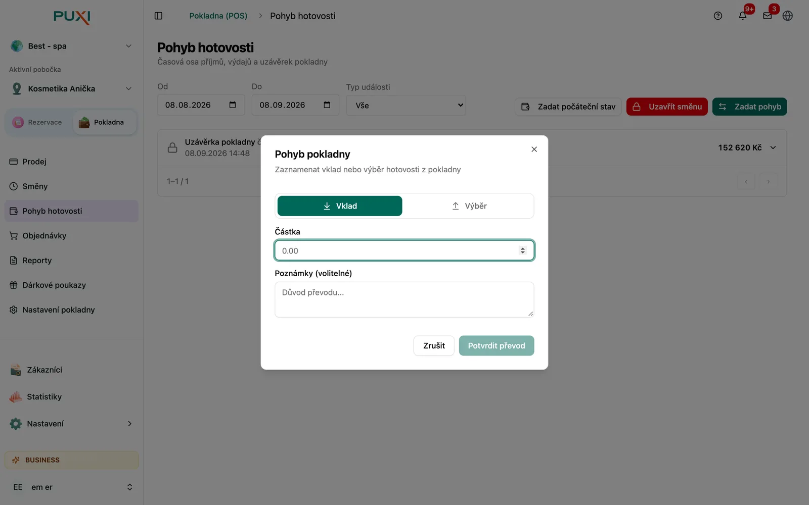 Dialog Pohyb pokladny s přepínačem Vklad a Výběr