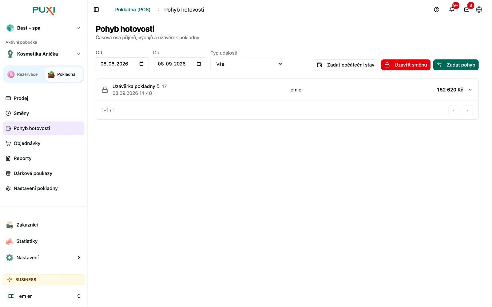 Časová osa pohybů hotovosti v pokladně