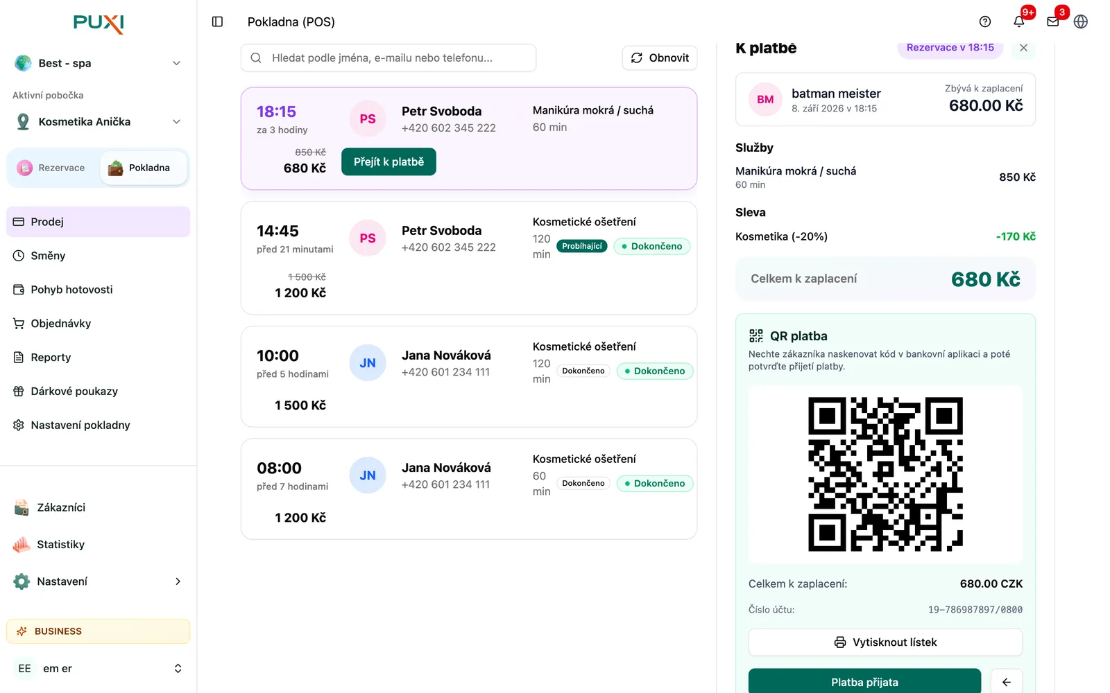 Obrazovka QR platby s QR kódem a tlačítkem Vytisknout lístek