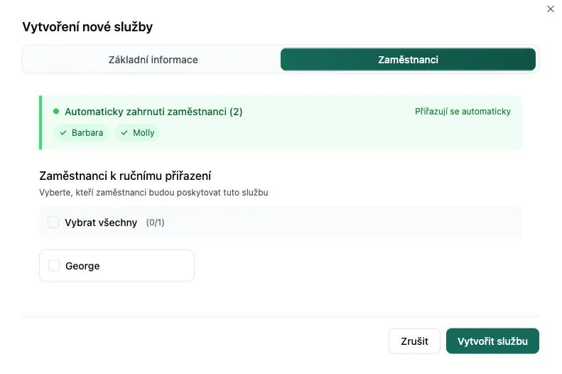 Přiřazení zaměstnanců ke službě