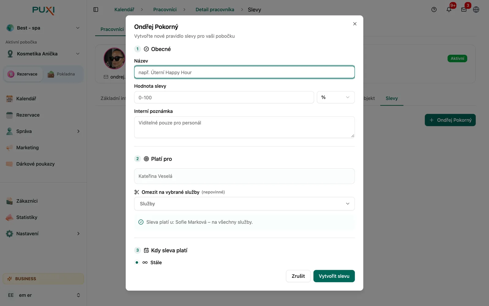Přidání slevy z detailu pracovníka