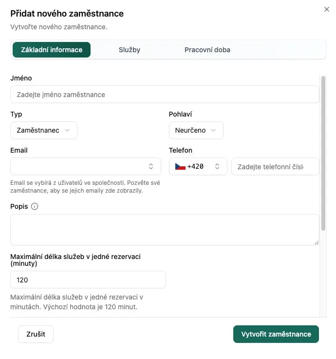 Vytvoření zaměstnance